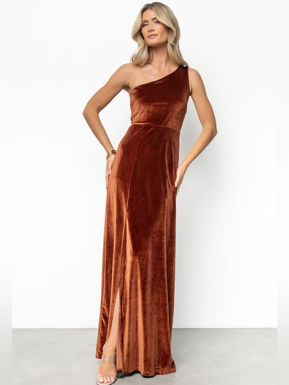 Baltic born Tatiana velvet one shoulder bronze maxi dress